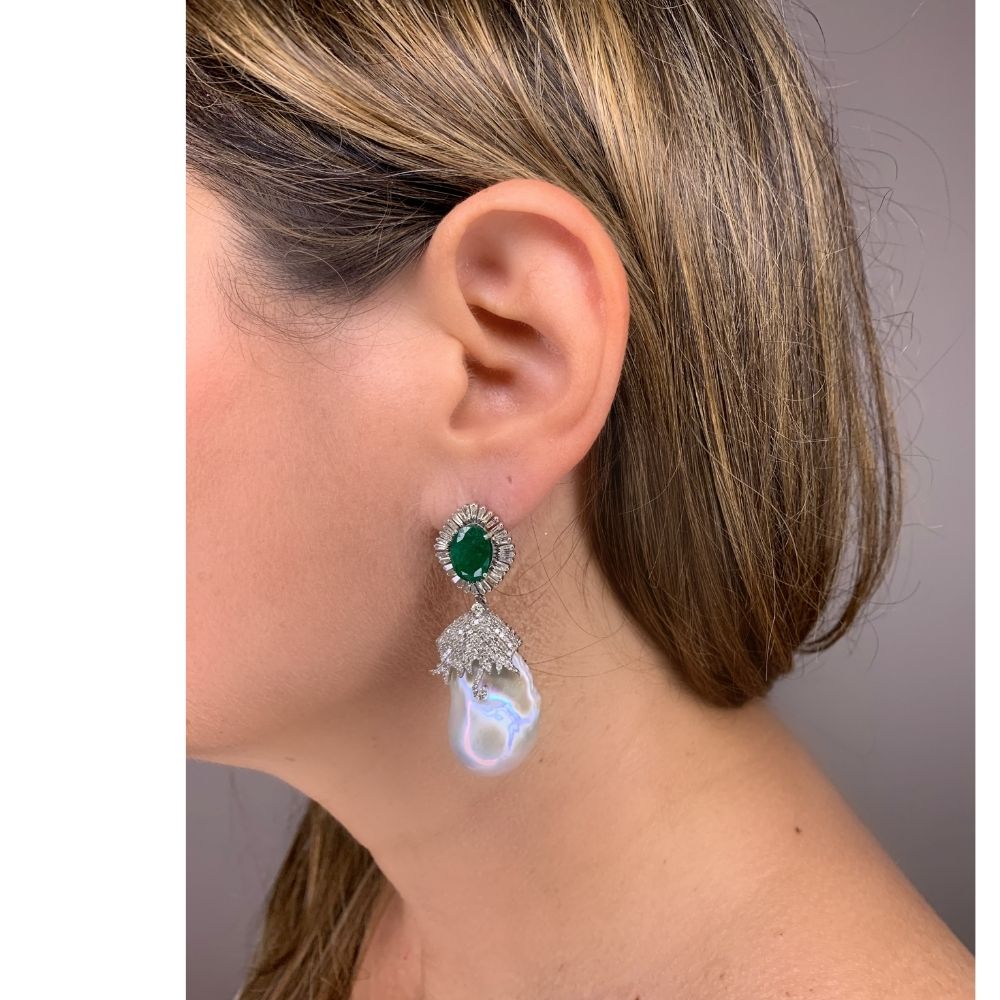 Baroque Pearl with Emerald & Diamond Baguettes Earrings