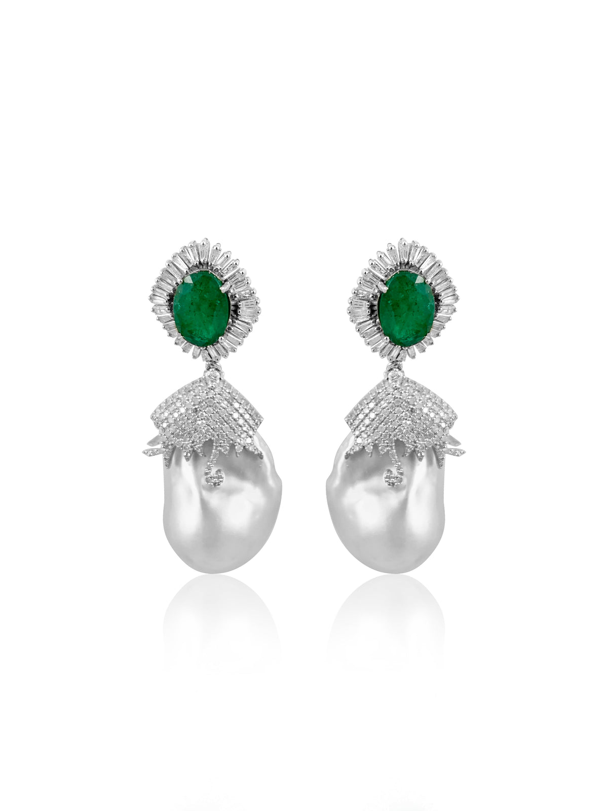 Baroque Pearl with Emerald & Diamond Baguettes Earrings  Diamonds: 4.50 ct Emerald: 4.66 ct Pearl Barroque: 88.20 ct Silver with Rhodium Plated weight: 10.15 grams Gold Post: 0.15 grams