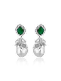 Baroque Pearl with Emerald & Diamond Baguettes Earrings  Diamonds: 4.50 ct Emerald: 4.66 ct Pearl Barroque: 88.20 ct Silver with Rhodium Plated weight: 10.15 grams Gold Post: 0.15 grams