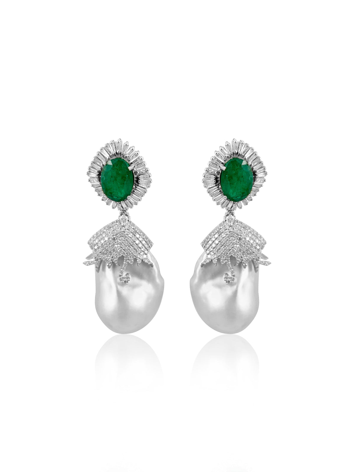 Baroque Pearl with Emerald & Diamond Baguettes Earrings  Diamonds: 4.50 ct Emerald: 4.66 ct Pearl Barroque: 88.20 ct Silver with Rhodium Plated weight: 10.15 grams Gold Post: 0.15 grams