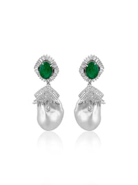Baroque Pearl with Emerald & Diamond Baguettes Earrings  Diamonds: 4.50 ct Emerald: 4.66 ct Pearl Barroque: 88.20 ct Silver with Rhodium Plated weight: 10.15 grams Gold Post: 0.15 grams