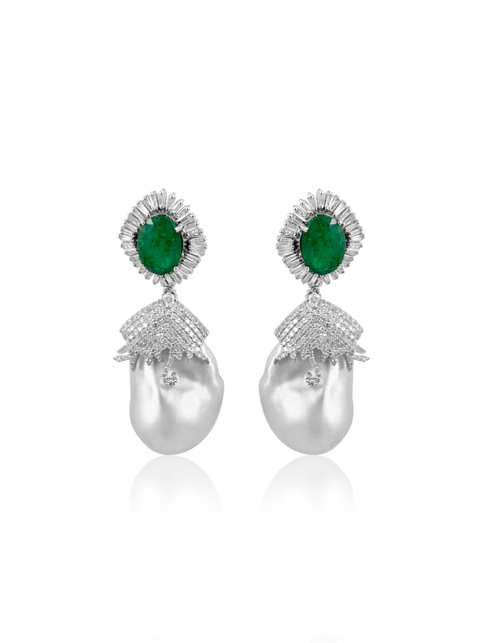 Baroque Pearl with Emerald & Diamond Baguettes Earrings  Diamonds: 4.50 ct Emerald: 4.66 ct Pearl Barroque: 88.20 ct Silver with Rhodium Plated weight: 10.15 grams Gold Post: 0.15 grams
