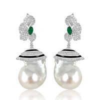 Baroque Pearl with Half Flower of Diamond & Emerald Earrings