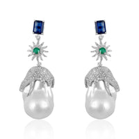 Baroque Pearl with Kyanite & Emerald Earrings
