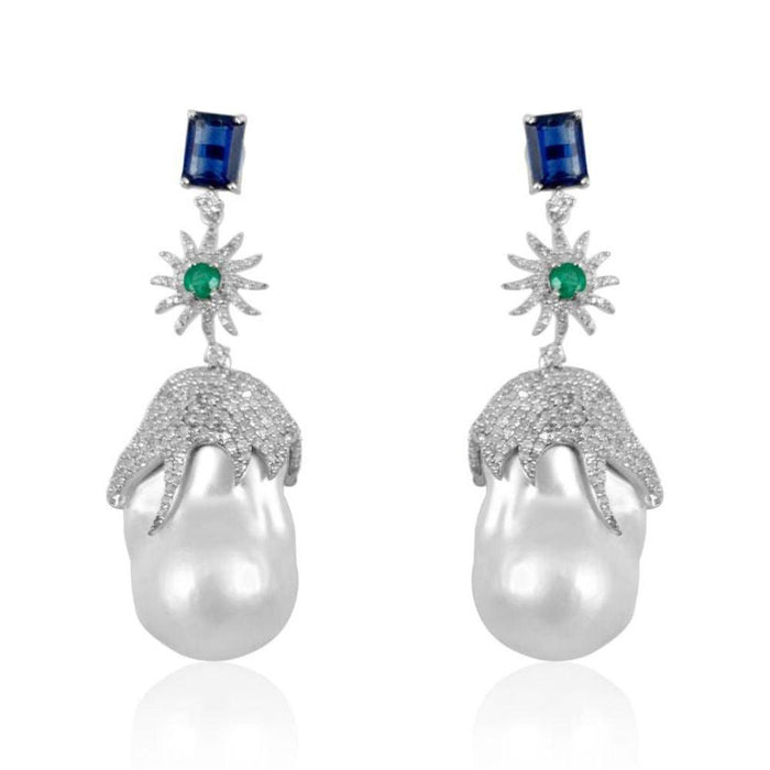 Baroque Pearl with Kyanite & Emerald Earrings