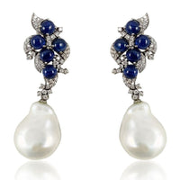 Blue Sapphire Cabochon & Diamond Earrings with Baroque Pearl and 14K White Gold