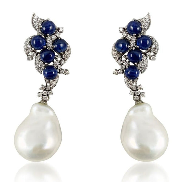 Blue Sapphire Cabochon & Diamond Earrings with Baroque Pearl and 14K White Gold
