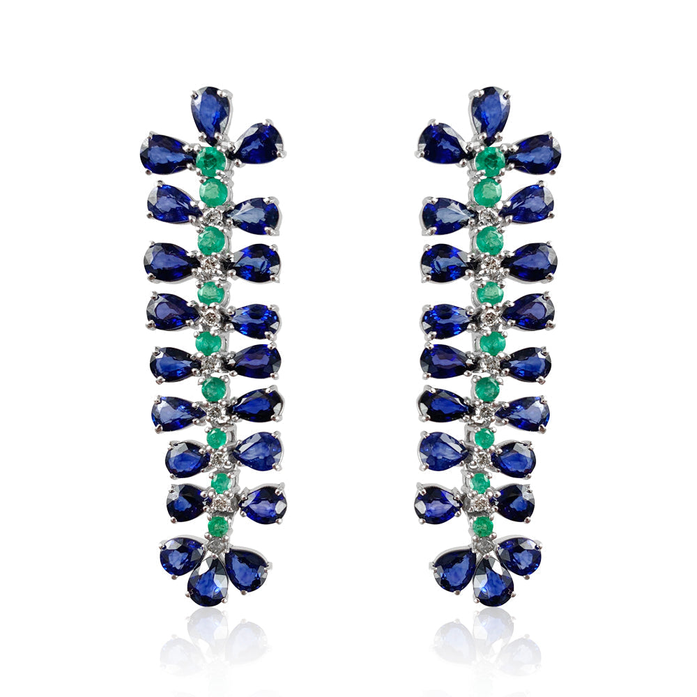 Blue Sapphire, Emerald & Diamonds Long Earrings  Diamond total weight: 0.46 ct Blue Sapphire: 16.65 ct Emerald: 1.40 ct Silver with Rhodium Plated weight: 10.01 grams