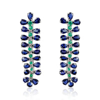 Blue Sapphire, Emerald & Diamonds Long Earrings  Diamond total weight: 0.46 ct Blue Sapphire: 16.65 ct Emerald: 1.40 ct Silver with Rhodium Plated weight: 10.01 grams
