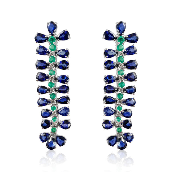 Blue Sapphire, Emerald & Diamonds Long Earrings  Diamond total weight: 0.46 ct Blue Sapphire: 16.65 ct Emerald: 1.40 ct Silver with Rhodium Plated weight: 10.01 grams