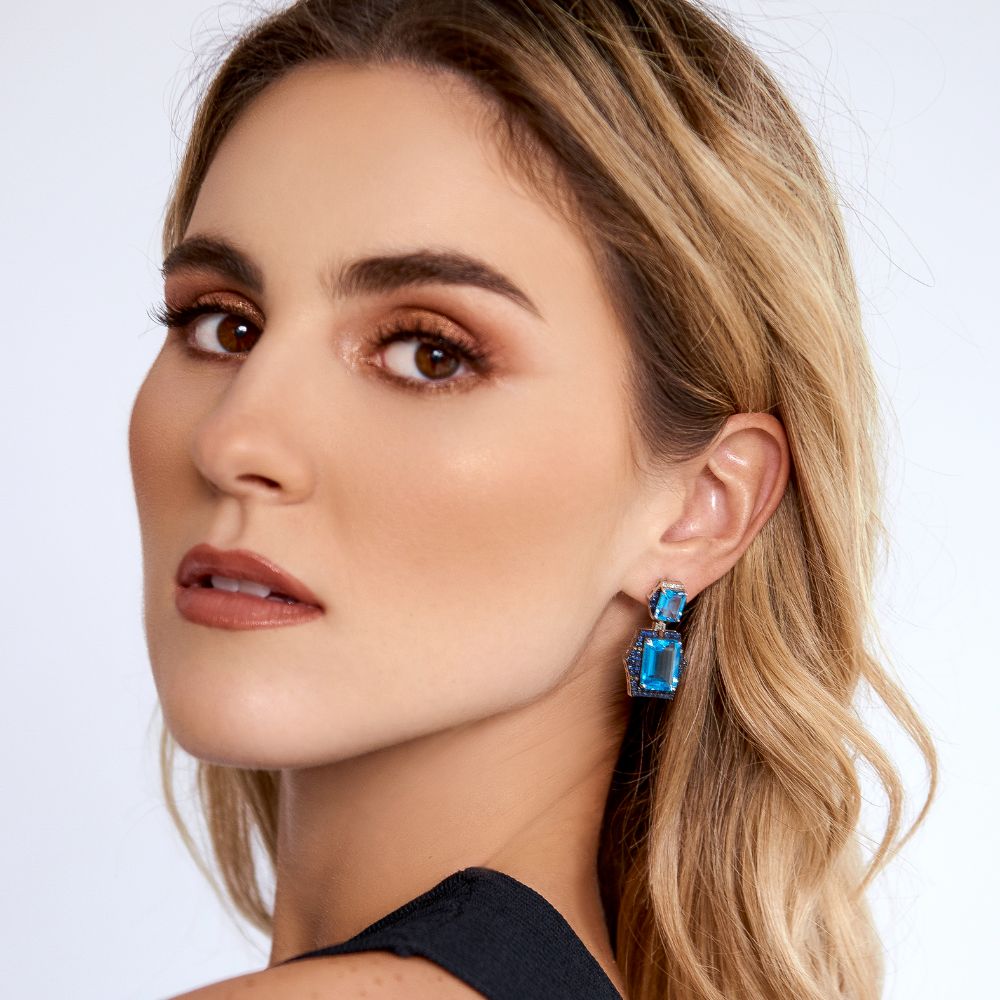 Blue Topaz Square & Sapphire Earrings
