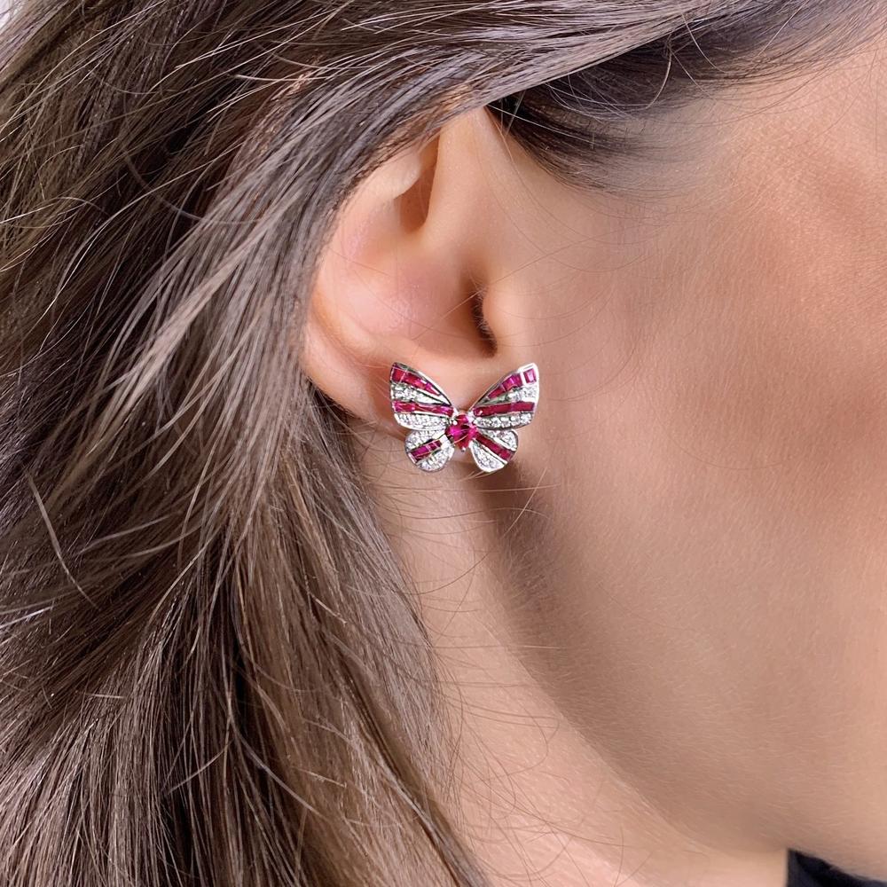 18K White Gold Earrings with Ruby & Diamonds
