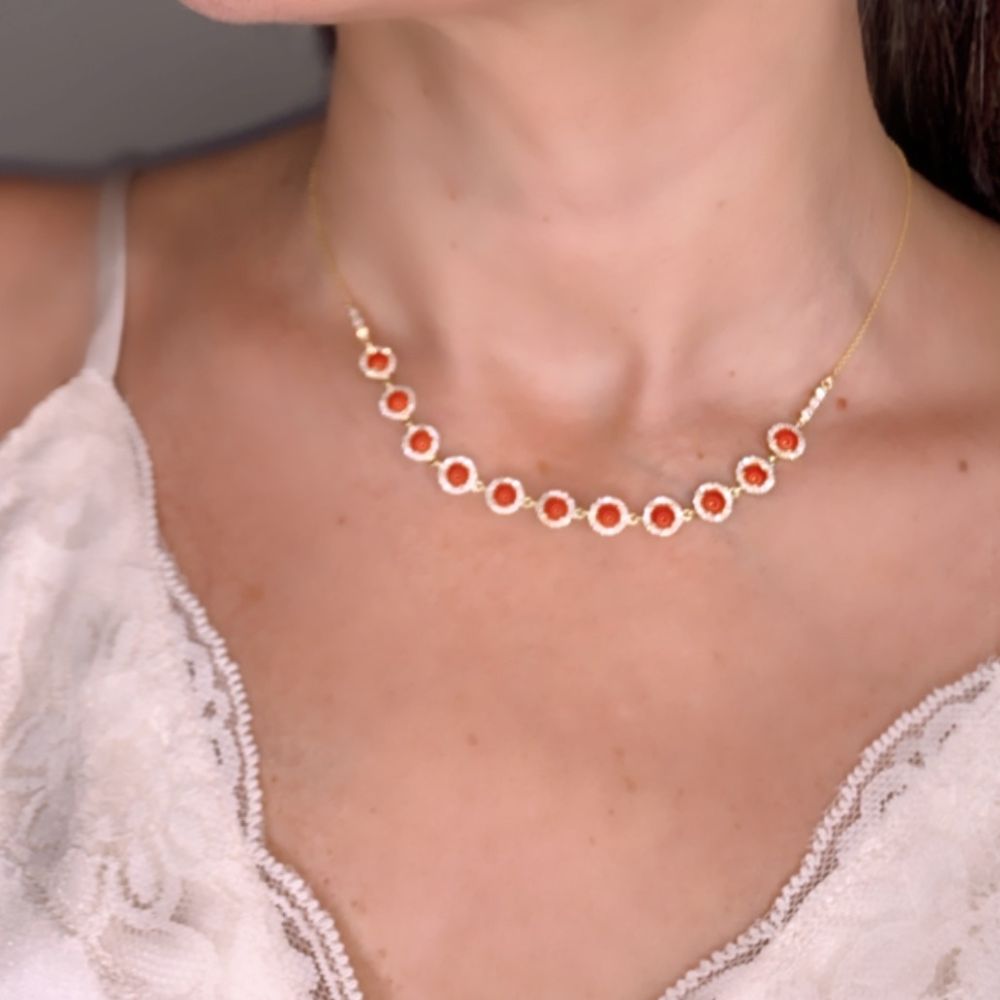 Coral & Diamond Necklace in 18K Gold