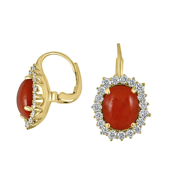 Coral & Diamond in 14K Yellow Gold  Earrings