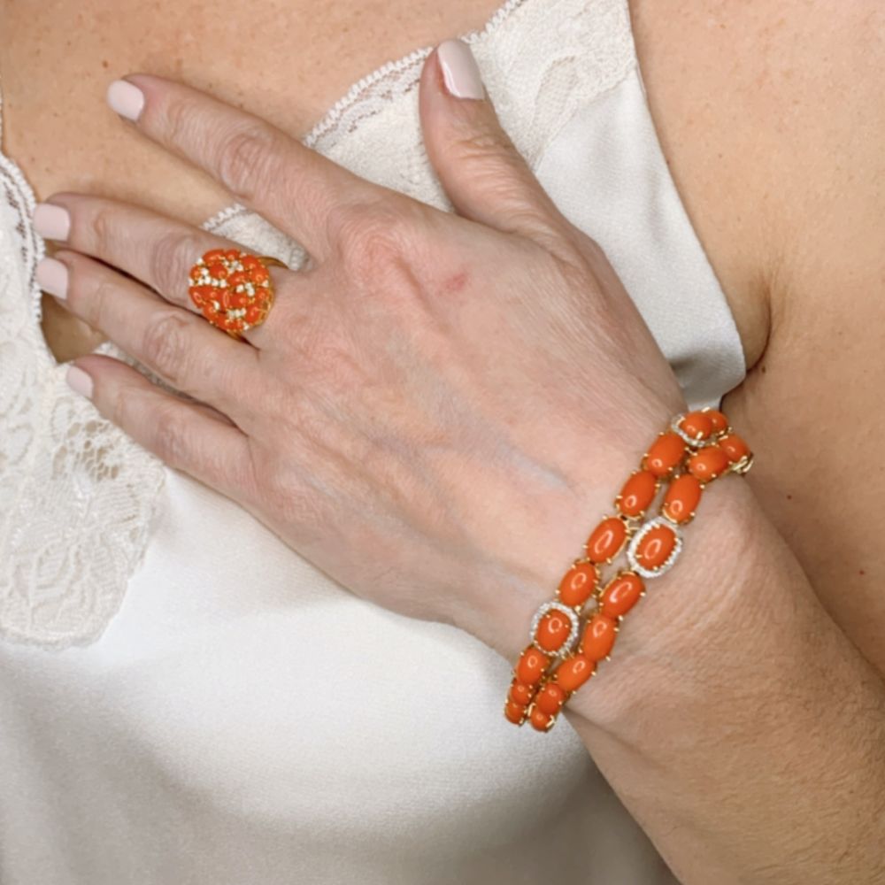 Coral with Diamonds Ring in 18K Yellow Gold