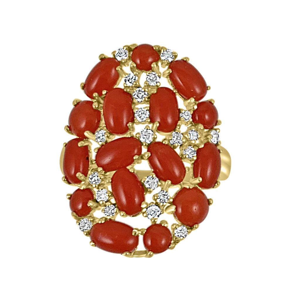  Coral & Diamond Ring in 18K Yellow Gold  18K Yellow Gold weight: 5.8 grams Diamond: 0.31 ct Coral: 3.35 ct