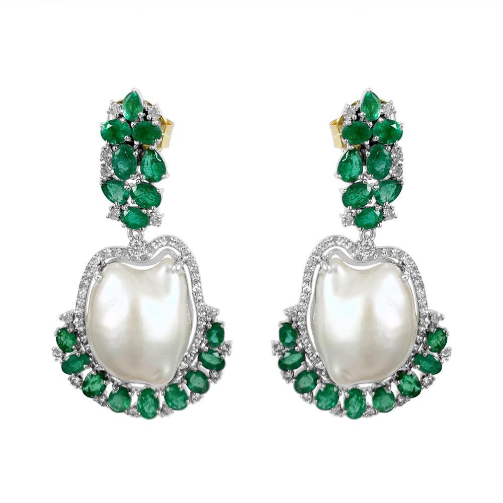 Emerald & Pearl Earrings in Silver