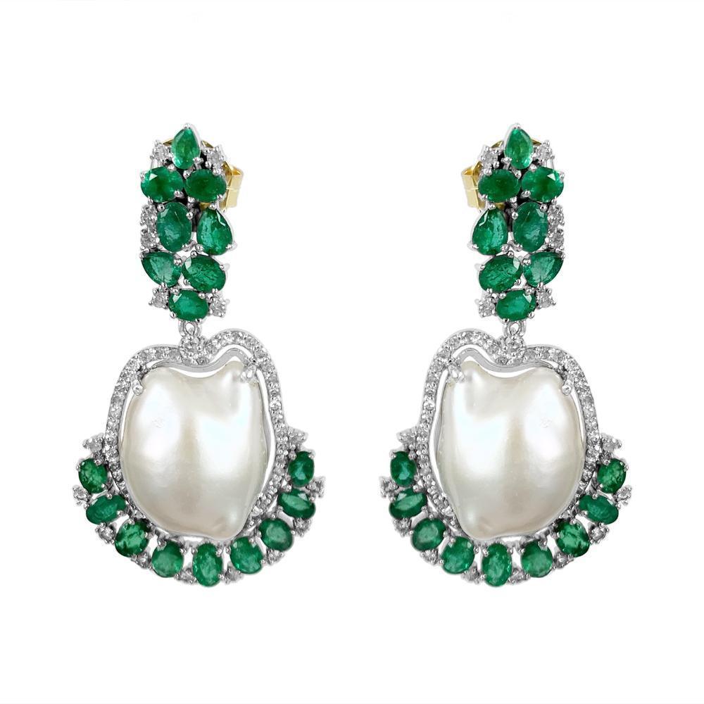 Emerald & Pearl Earrings in Silver
