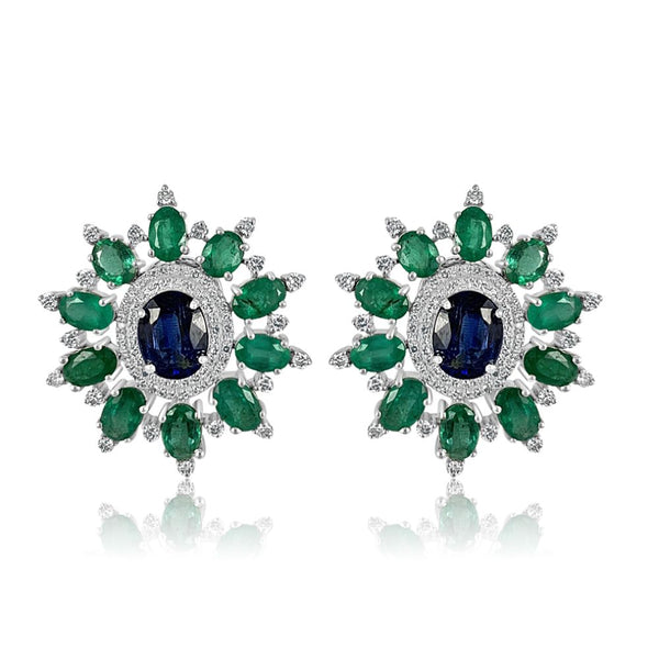 Emerald & Kyanite with Diamond Earrings.   Emerald: 8.23 ct Kyanite: 4.60 ct Diamond: 1.50 ct Silver with Rhodium Plated weight: 10.67 grams Gold Post: 0.15 grams