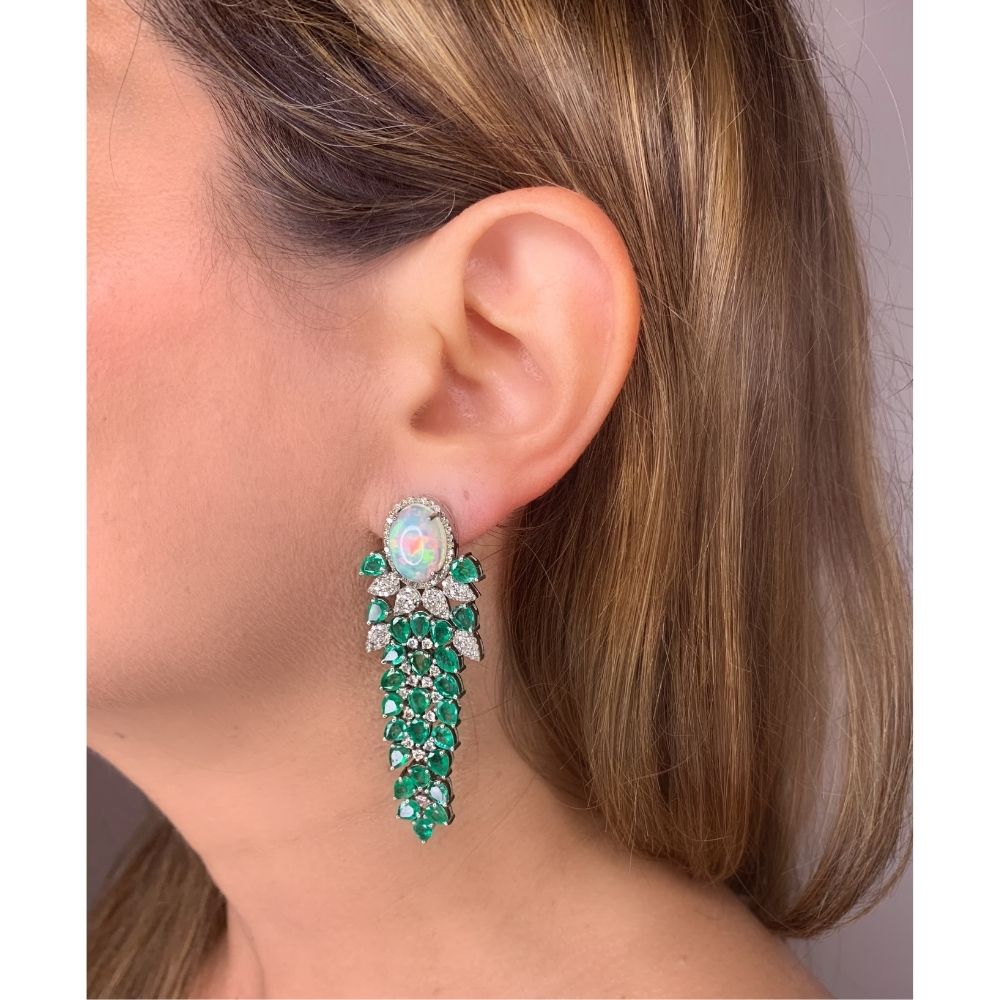 Emerald & Opal Long Earrings