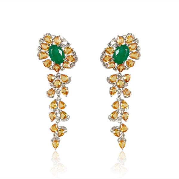 Emerald & Orange Sapphire Sunflower Earrings.  Diamonds: 1.57 ct Orange Sapphire: 14.46 ct Emerald: 5.85 ct Silver with Rhodium Plated weight: 12.42 grams Gold Post: 0.15 grams