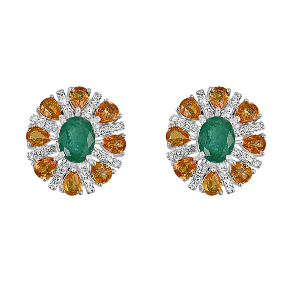This pair of earrings are perfect for special occasions, this design gives the piece a feminine touch.  Emerald & Yellow Sapphire with Diamond Earrings
