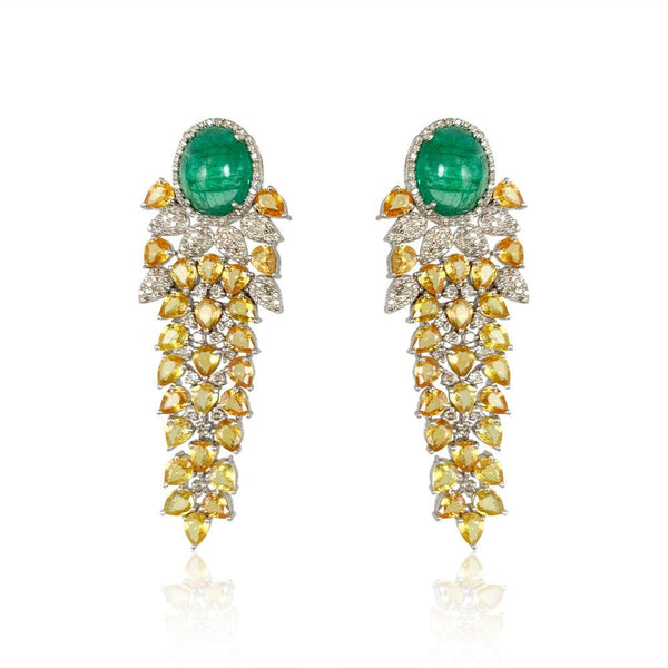 Emerald & Yellow Sapphire with Diamond Long Earrings