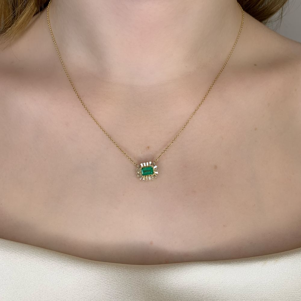 Emerald with Diamond Baguettes Necklace in 14K Yellow Gold