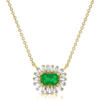 Emerald with Diamond Baguettes Necklace in 14K Yellow Gold