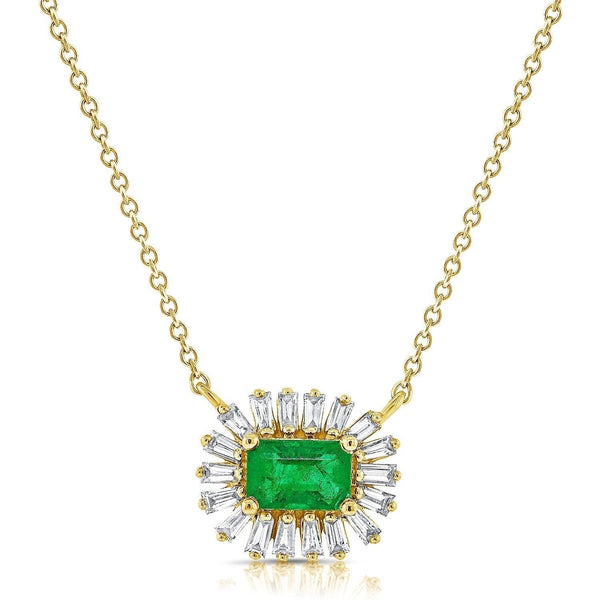 Emerald with Diamond Baguettes Necklace in 14K Yellow Gold