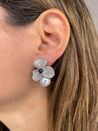 Pearl, Blue Sapphire Cabochon & Diamonds Earrings