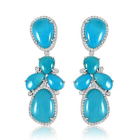 Fancy Cut Turquoise Earrings  Turquoise: 30.31 ct Diamond: 0.91 ct Silver with Rhodium Plated: 6.71 grams Gold Post: 0.300 grams