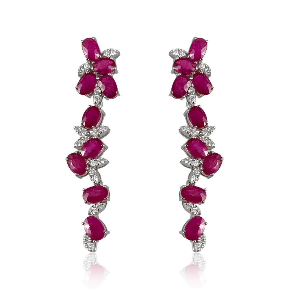 Flower Top Ruby Earrings  Diamond: 0.81 ct Ruby: 8.79 ct Silver with Rhodium Plated weight: 7.70 grams