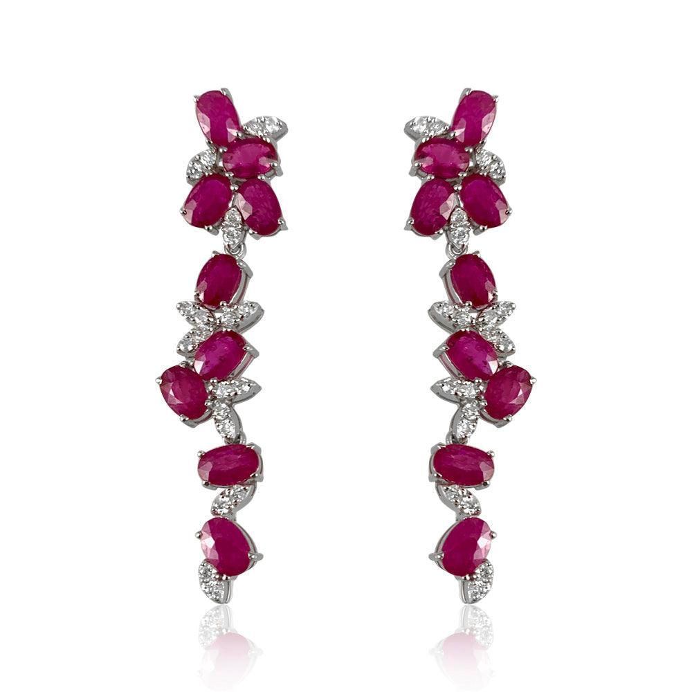 Flower Top Ruby Earrings  Diamond: 0.81 ct Ruby: 8.79 ct Silver with Rhodium Plated weight: 7.70 grams