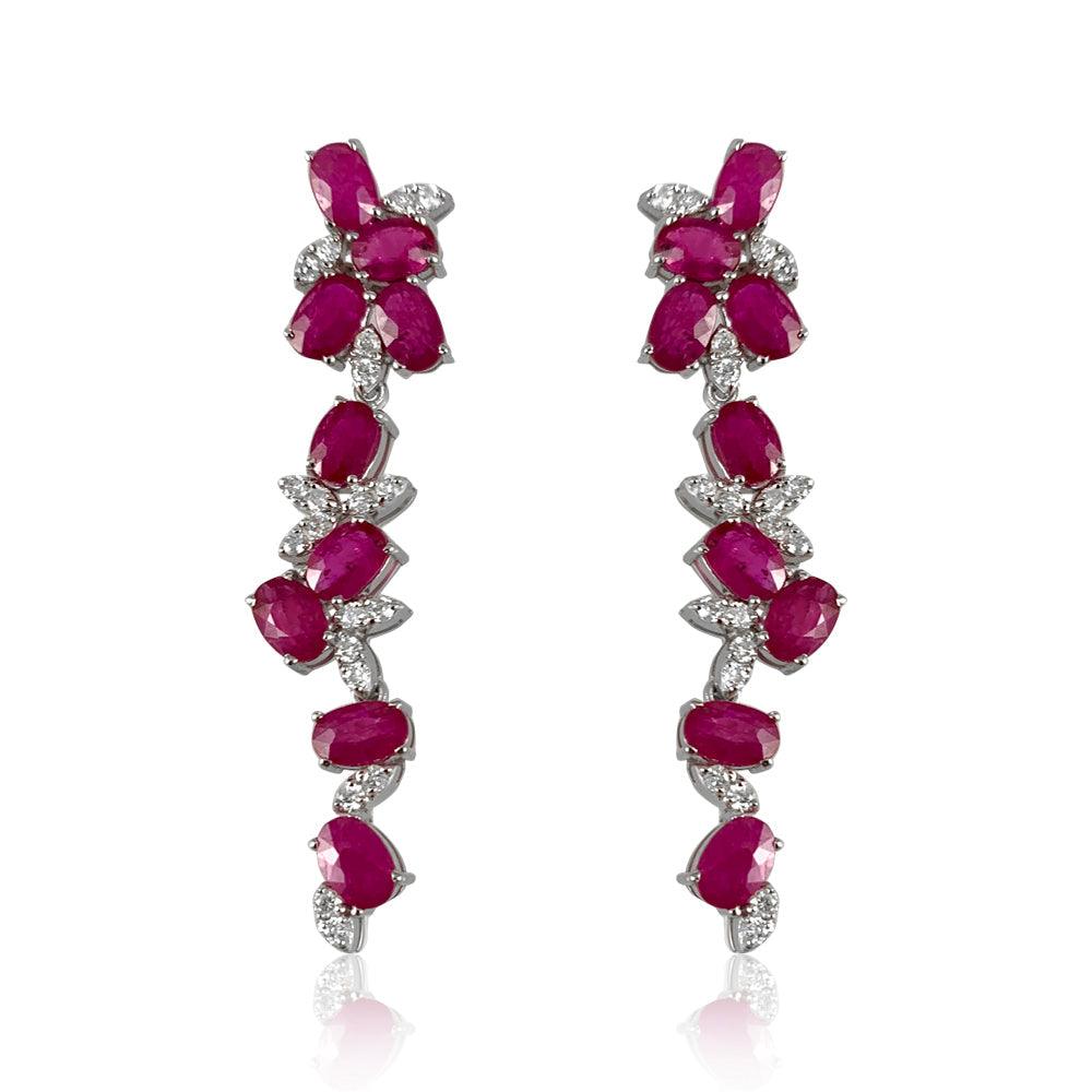 Flower Top Ruby Earrings  Diamond: 0.81 ct Ruby: 8.79 ct Silver with Rhodium Plated weight: 7.70 grams