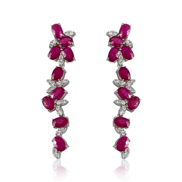 Flower Top Ruby Earrings  Diamond: 0.81 ct Ruby: 8.79 ct Silver with Rhodium Plated weight: 7.70 grams