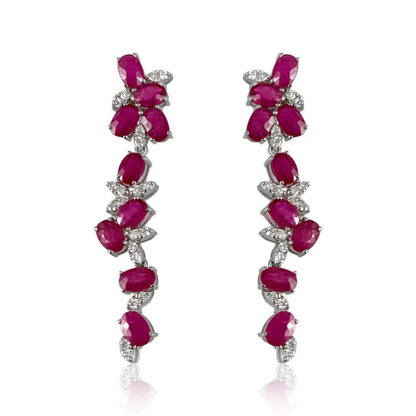 Flower Top Ruby Earrings  Diamond: 0.81 ct Ruby: 8.79 ct Silver with Rhodium Plated weight: 7.70 grams