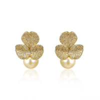 Golden Pearl & Diamond Flower Earrings