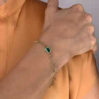 14K Yellow Gold Half Paperclip & Half Diamond Bracelet with Emerald