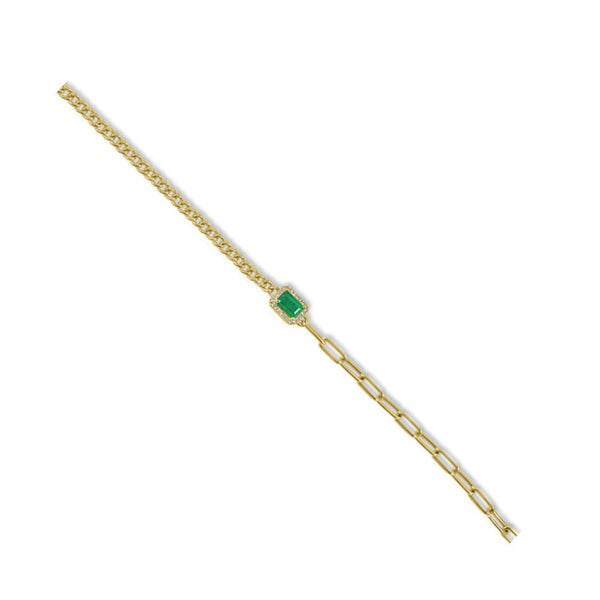 14K Yellow Gold Half Paperclip & Half Diamond Bracelet with Emerald