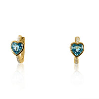 14K Yellow Gold with Blue Topaz Heart and Diamond on Huggies: Total Weight: 0.06ct Blue Topaz: 1.08