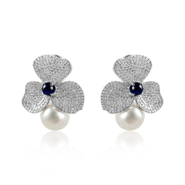 Pearl, Blue Sapphire Cabochon & Diamonds Earrings  Diamond: 2.88 ct Blue Sapphire: 1.76 ct Silver with Rhodium Plated weight: 8.79 grams