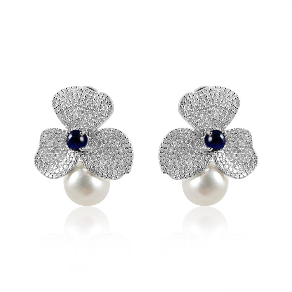 Pearl, Blue Sapphire Cabochon & Diamonds Earrings  Diamond: 2.88 ct Blue Sapphire: 1.76 ct Silver with Rhodium Plated weight: 8.79 grams