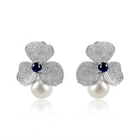 Pearl, Blue Sapphire Cabochon & Diamonds Earrings  Diamond: 2.88 ct Blue Sapphire: 1.76 ct Silver with Rhodium Plated weight: 8.79 grams