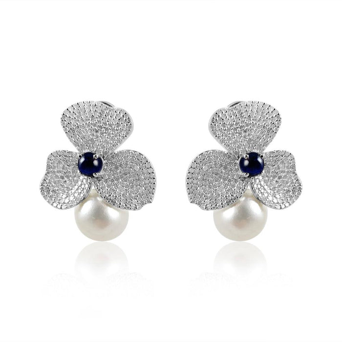 Pearl, Blue Sapphire Cabochon & Diamonds Earrings  Diamond: 2.88 ct Blue Sapphire: 1.76 ct Silver with Rhodium Plated weight: 8.79 grams