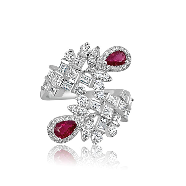 18K White Gold Leaf Diamond & Ruby Ring for elegant moments.  18K Gold weight: 4.82 grams Diamond: 1.40 ct Ruby: 0.51 ct