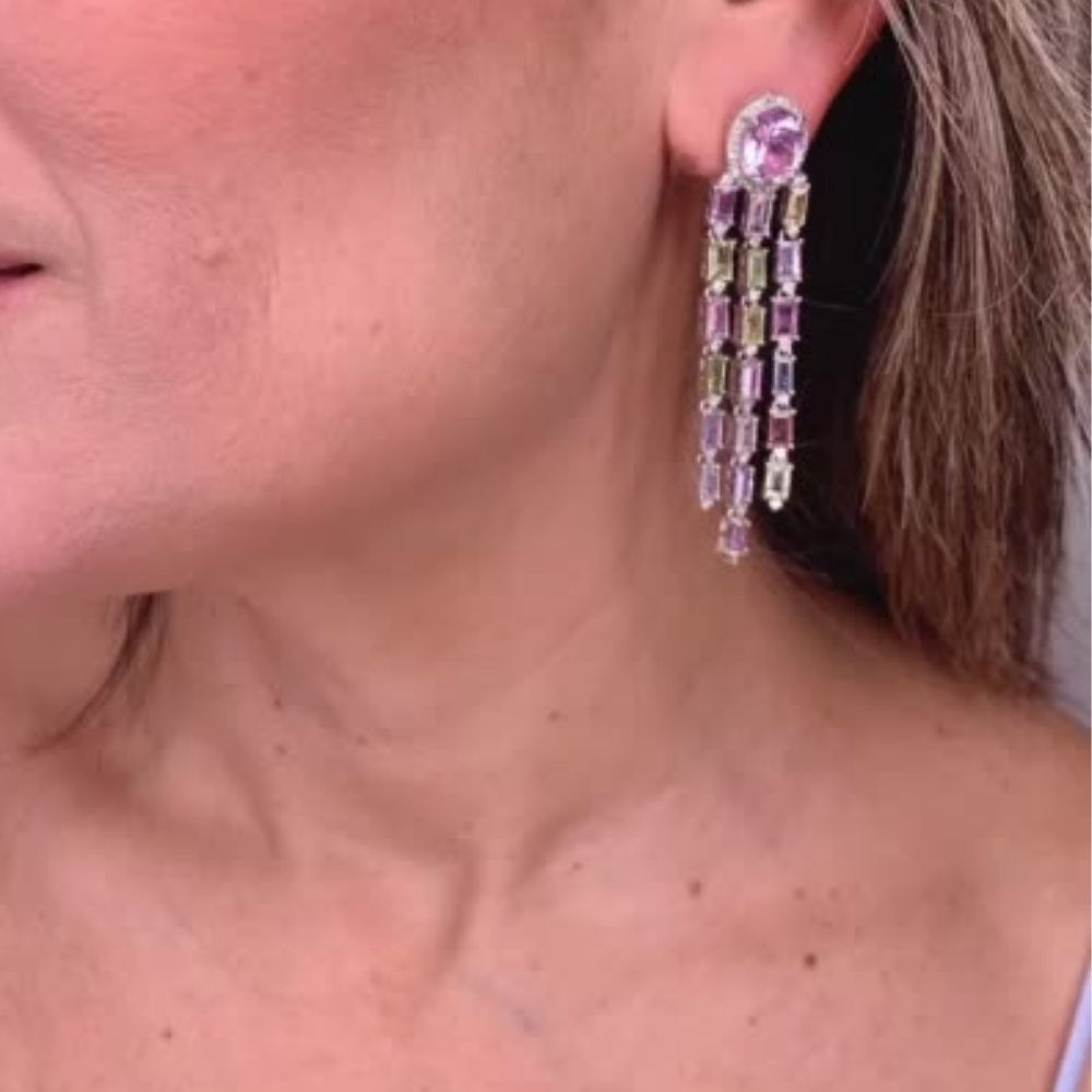 Kunzite & Multi Sapphire with Diamond Long Earrings