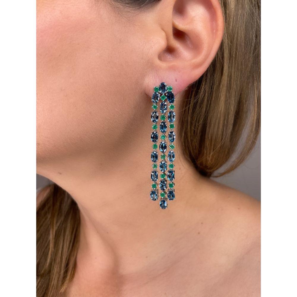 London Blue Topaz & Emerald Long Cascade Earrings