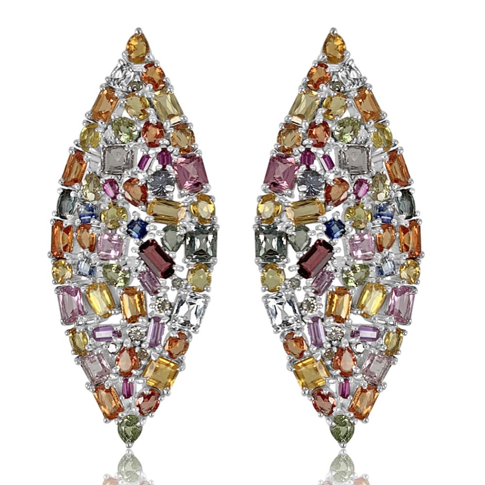 Multi Sapphire Marquise Shape Earrings  Multi Sapphire: 32.20 ct Diamond: 0.32 ct Silver with Rhodium Plated: 13.05 grams Gold Post: 0.18 grams
