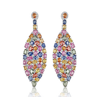 Multi Sapphire with Diamond Oval Earrings  Multi Sapphire: 24.10 ct Diamond: 0.43 ct Silver with Rhodium Plated: 13.70 grams Gold Post: 0.16 grams
